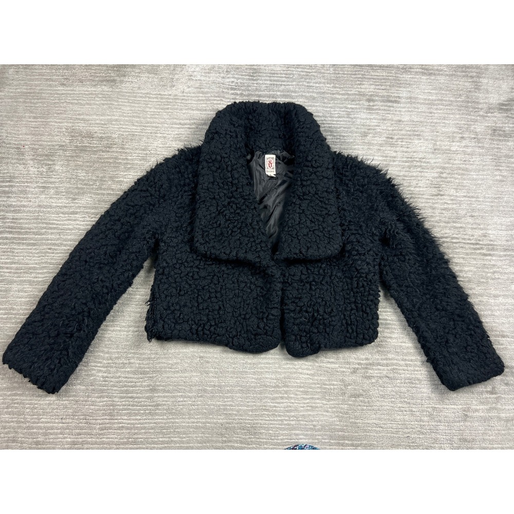 Decree Jacket‎ Womens XL Black Faux Fur Cropped Sherpa Teddy Notched Lapel Coat